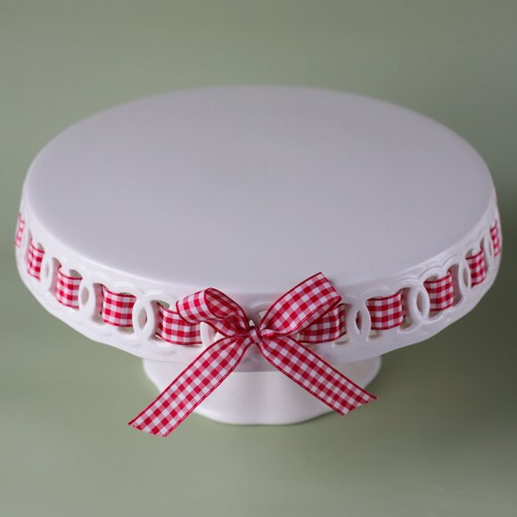 White Pedestal Cake Stand Red Gingham Ribbon | 10.5” Cottage Chic - Picture 3 of 3